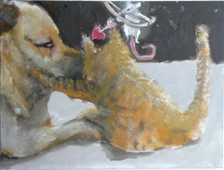 A painting of a pale dog and a ginger cat touching noses