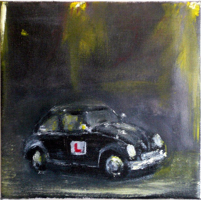 A painting of a small black car with a red learner plate at night