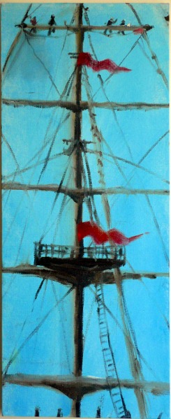 A narrow blue painting of the mast, rigging and red flags of a tall sailing ship