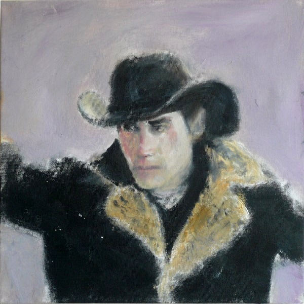 A painted portrait of a man in a black hat and dark coat with a tan fur collar