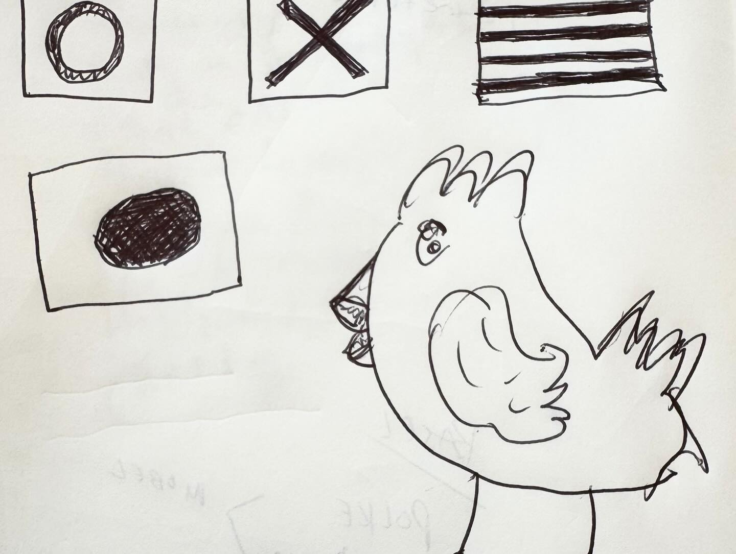A black marker drawing of a chicken with geometric marks on white paper