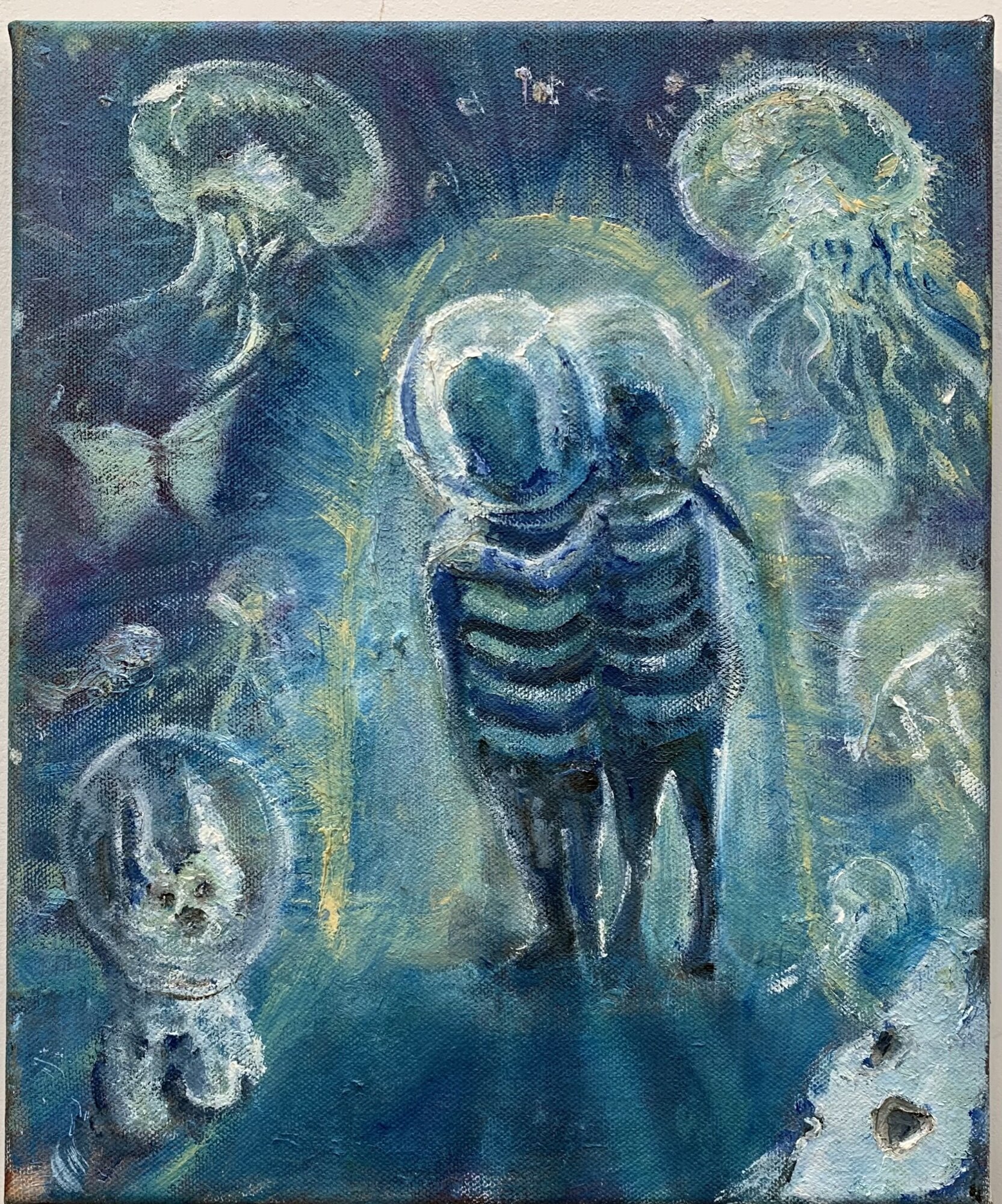 A blue-toned painting with two dark figures below a large round form and pale floating forms around them
