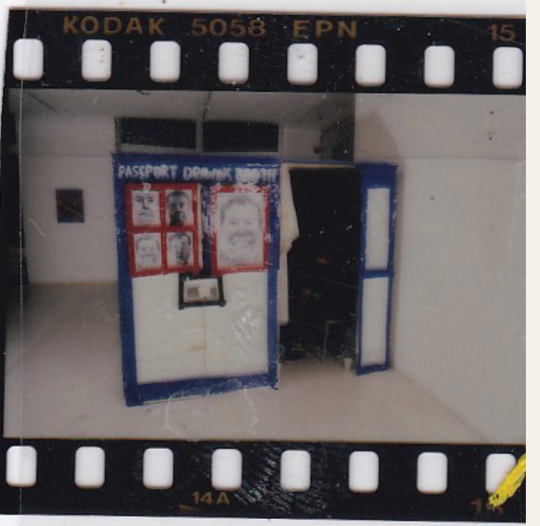 The cardboard Passport Drawing Booth at the Royal College of Art, preserved within the black Kodak film border and sprocket holes of the original slide