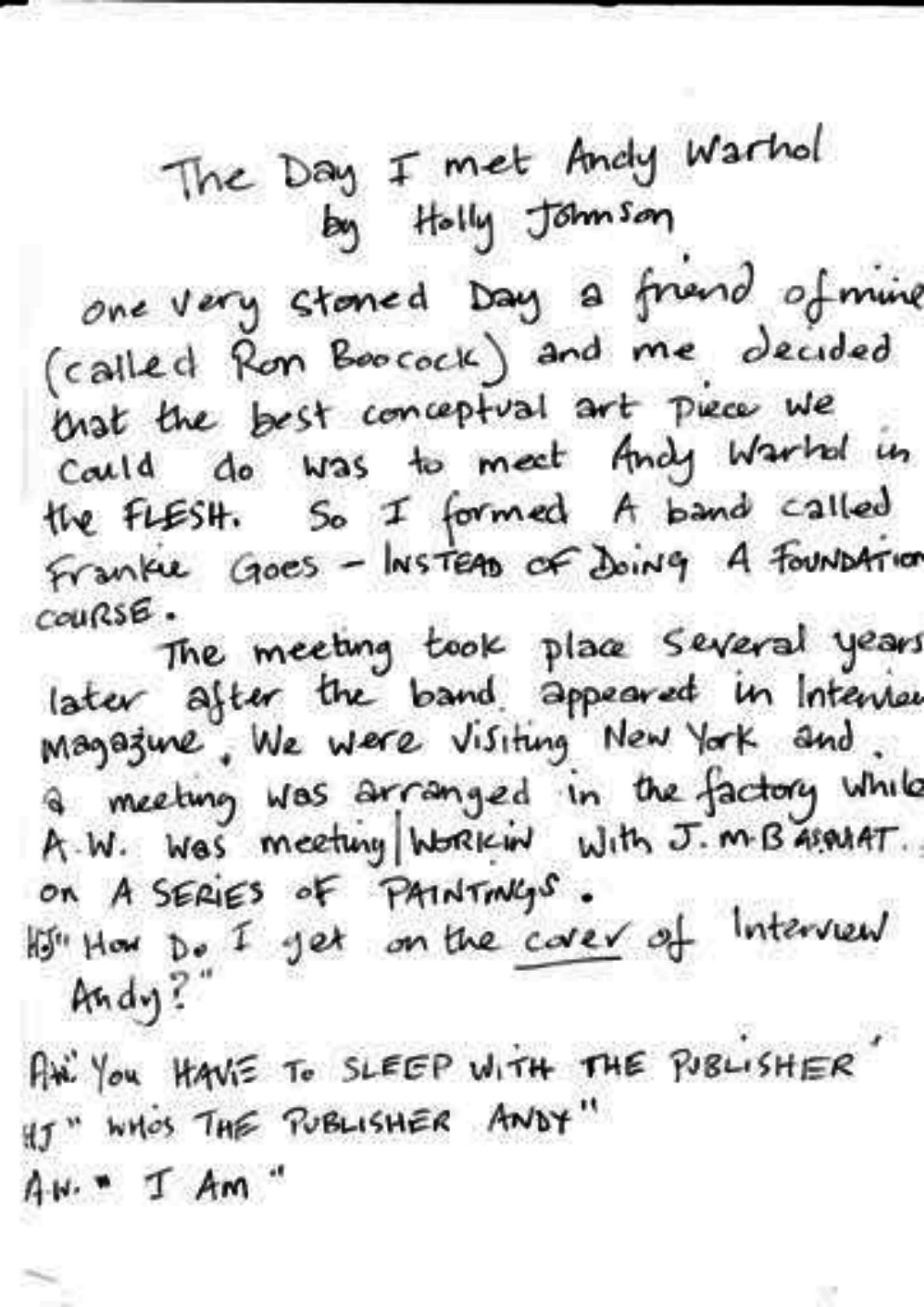 Original handwritten contribution: The Day I met Andy Warhol