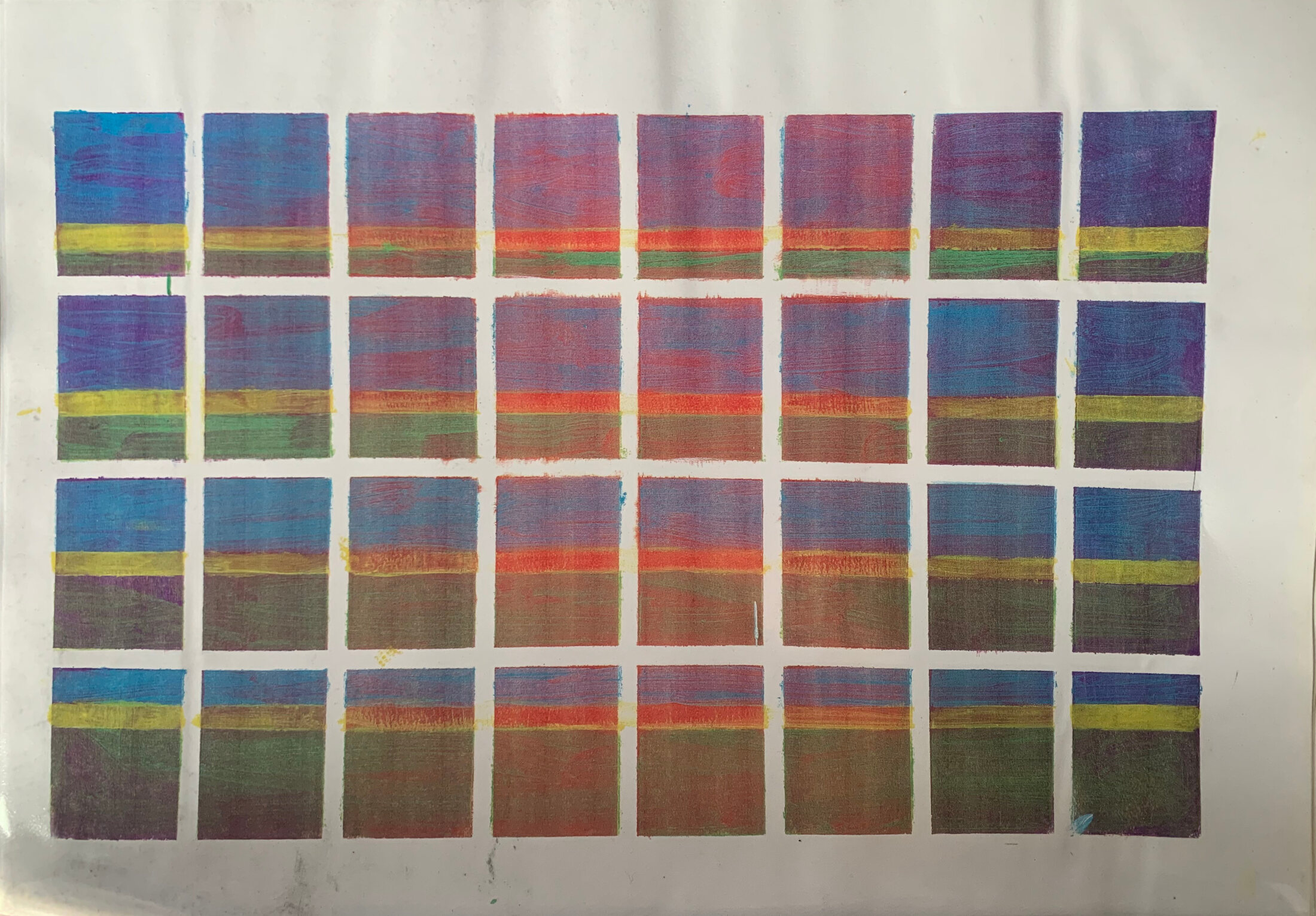 The whole colour study: four rows of eight rectangles, with coordinated bands of blue, violet, red, yellow and green across the group