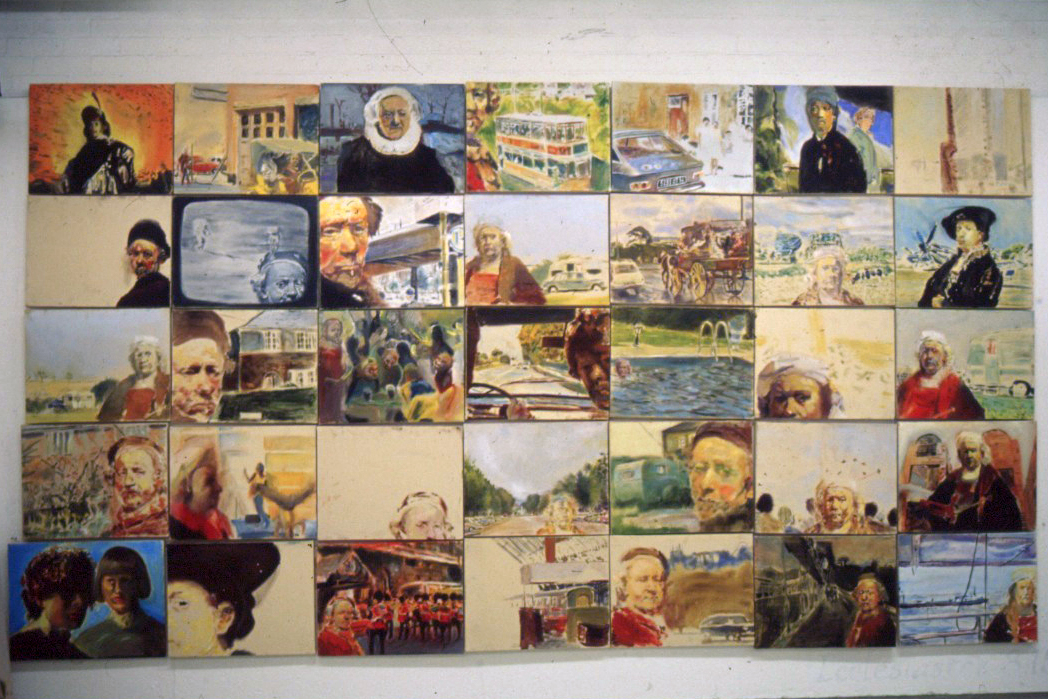 A grid of thirty-five paintings placing Rembrandt among contemporary streets, cars, figures and landscapes