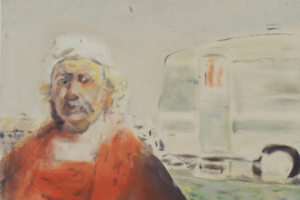 A painted figure of Rembrandt beside a pale van