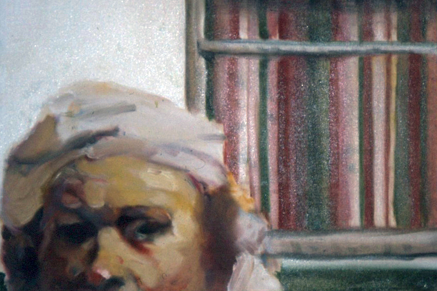 Close view of a painted Rembrandt figure beside the striped curtain of a caravan window