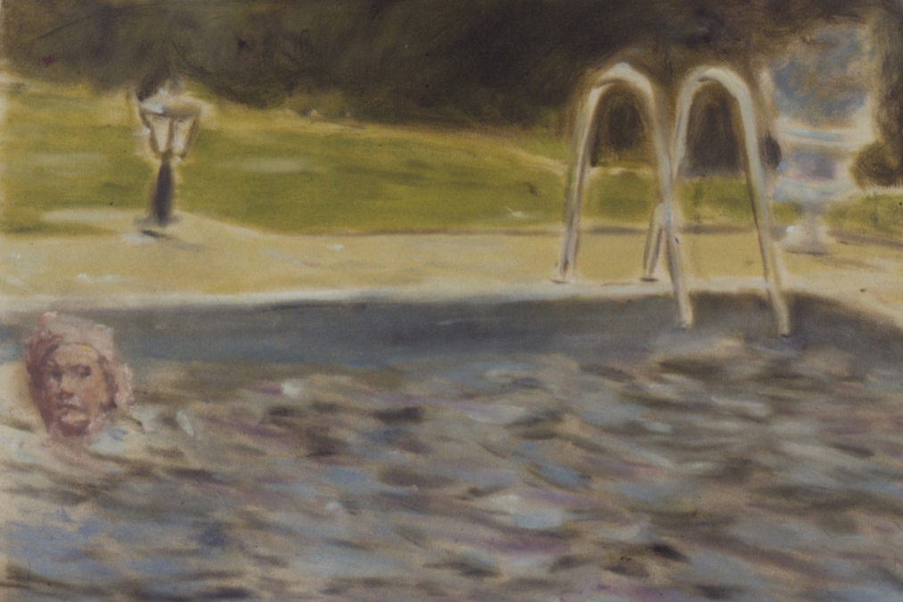 A painted figure swimming at the edge of an outdoor pool
