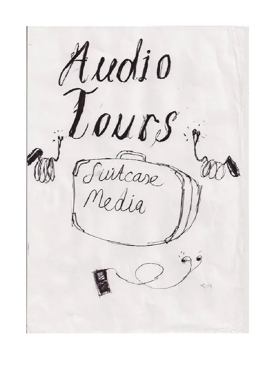 Sparse hand-drawn Audio Tours title page with a suitcase and headphones