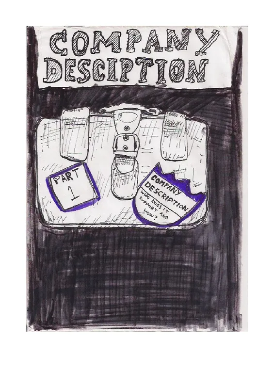 Company description drawn as papers and objects packed inside a suitcase