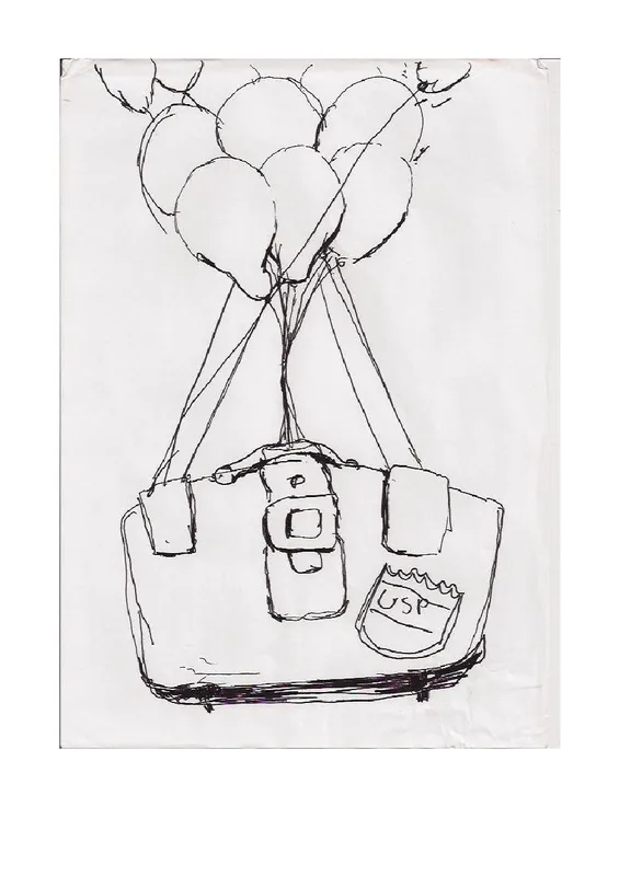 A suitcase marked USP floating beneath a cluster of balloons