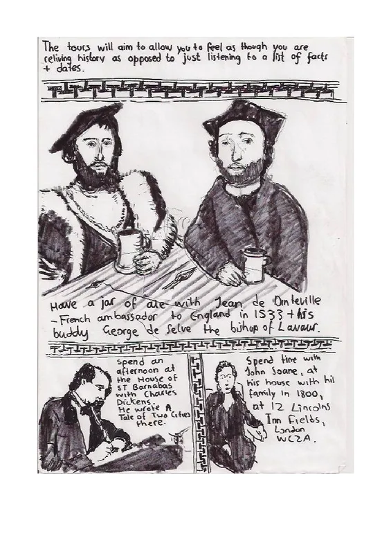 Hand-drawn examples of historical stories told through encounters and anecdotes