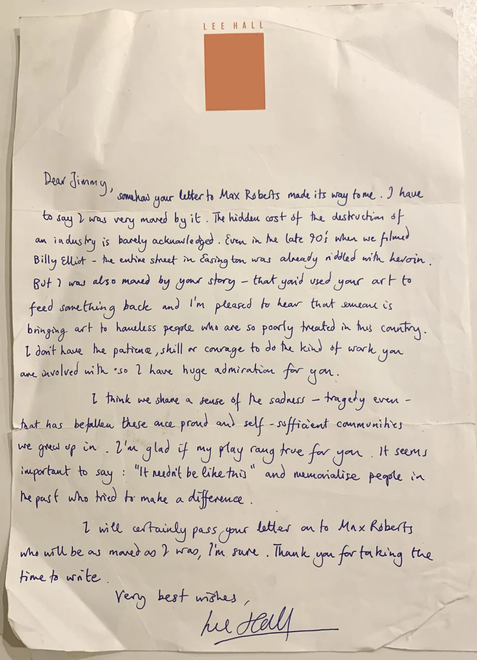 Lee Hall’s handwritten reply to Jimmy Connelly, shown as a creased and worn physical letter with the printed LEE HALL letterhead and red square visible
