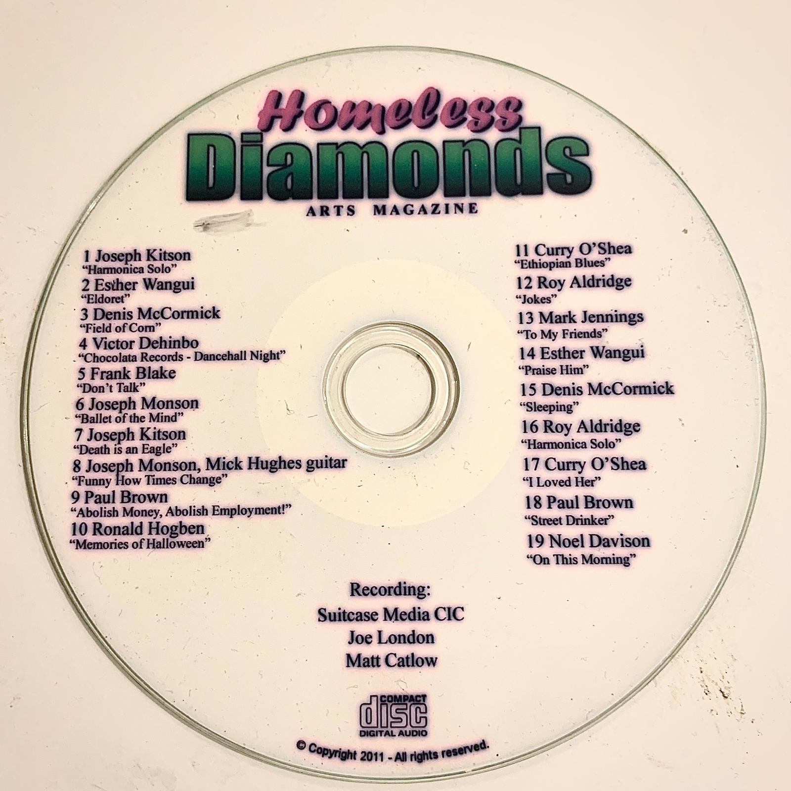 The recovered Homeless Diamonds Arts Magazine CD, showing its nineteen-track listing and recording credits
