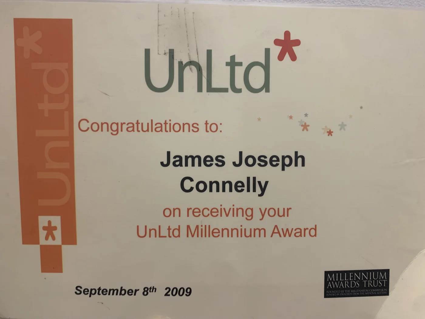 UnLtd Millennium Award certificate presented to James Joseph Connelly on 8 September 2009