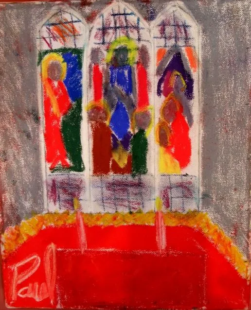 Colourful participant artwork depicting figures in Cathedral windows