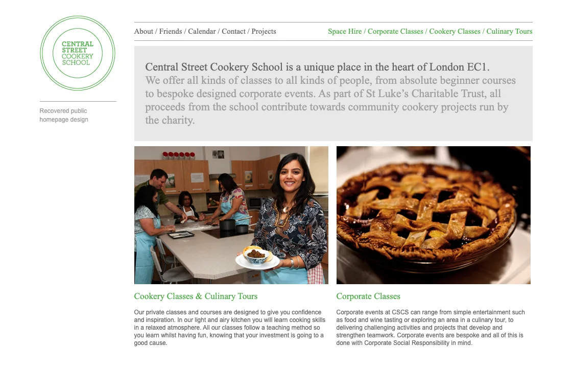 Central Street Cookery School homepage with a green circular logo, restrained navigation and cookery photographs