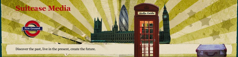 Historical Suitcase Media website header combining a London collage, telephone box, Parliament, radiating lines and a small suitcase