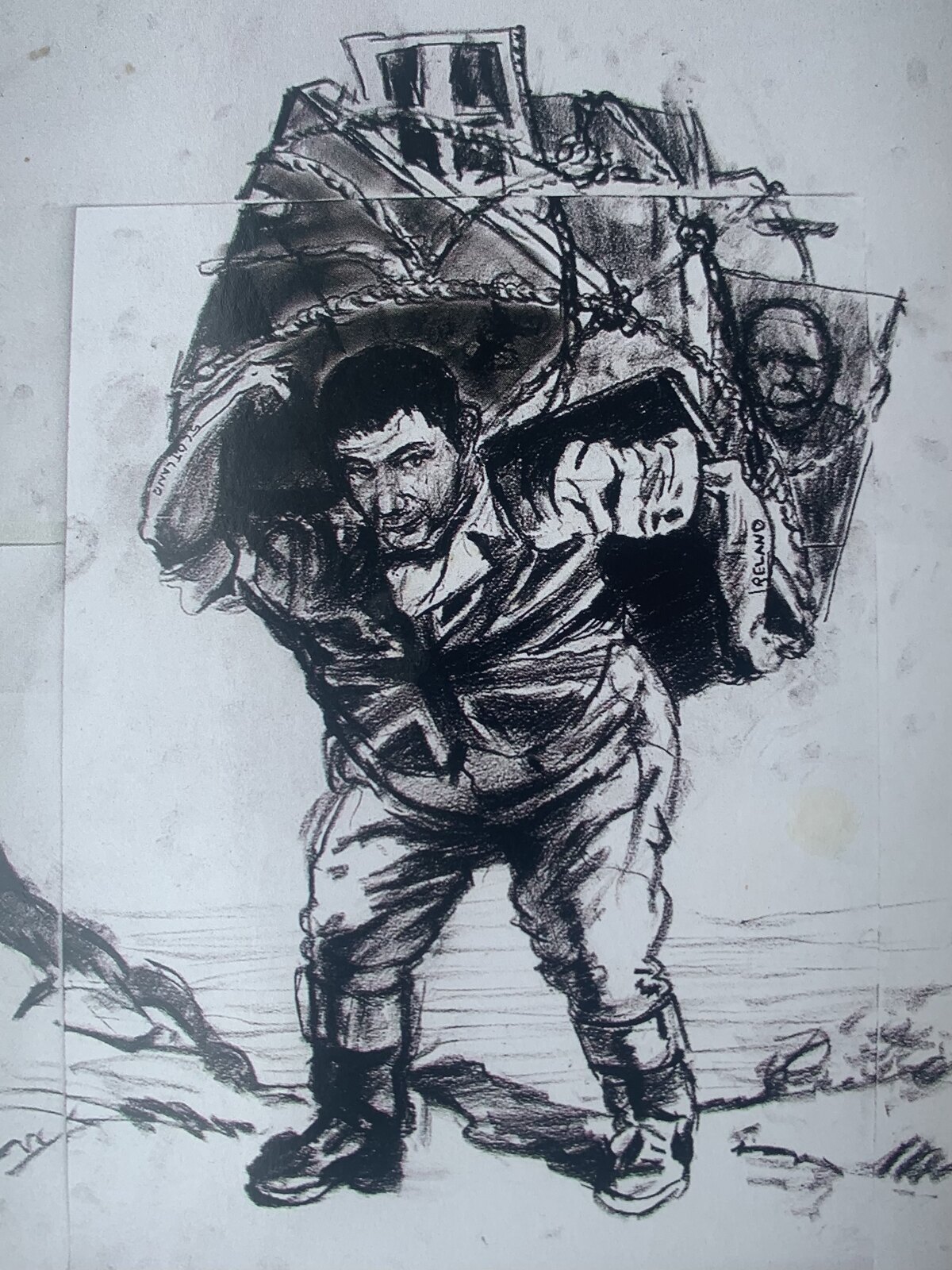 A monochrome drawing of a postman leaning forward beneath a large sack of letters and parcels